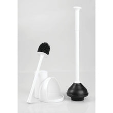 Load image into Gallery viewer, New mdesign modern slim compact freestanding plastic toilet bowl brush cleaner and plunger combo set kit with holder caddy for bathroom storage and organization covered lid brush 2 pack white