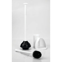 Load image into Gallery viewer, On amazon mdesign modern slim compact freestanding plastic toilet bowl brush cleaner and plunger combo set kit with holder caddy for bathroom storage and organization covered lid brush 2 pack white