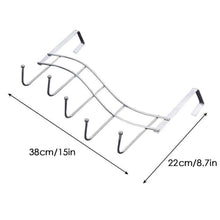 Load image into Gallery viewer, Discover over the door hanger for kitchen tools heavy duty wall storage organizer racks with 5 hooks metal hanging bathroom jewelry closet holder backpack space saver for towel coat jacket robes chrome