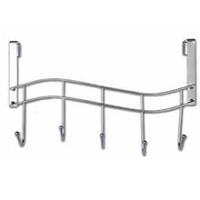Load image into Gallery viewer, Discover the best over the door hanger for kitchen tools heavy duty wall storage organizer racks with 5 hooks metal hanging bathroom jewelry closet holder backpack space saver for towel coat jacket robes chrome