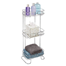 Load image into Gallery viewer, Cheap mdesign rectangular metal bathroom shelf unit free standing vertical storage for organizing and storing hand towels body lotion facial tissues bath salts 3 shelves 2 pack chrome