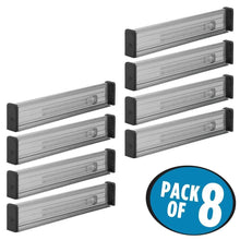 Load image into Gallery viewer, Storage mdesign adjustable expandable drawer organizer divider foam ends strong secure hold locks in place for bedroom bathroom closet office kitchen storage 2 5 inches high 8 pack smoke black