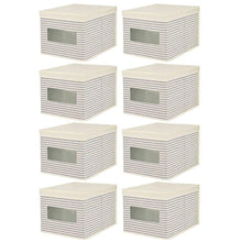 Load image into Gallery viewer, Featured mdesign soft fabric stackable closet storage organizer holder box with clear window attached hinged lid bedroom hallway entryway closet bathroom stripe print large 8 pack natural cobalt blue