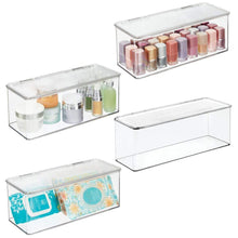 Load image into Gallery viewer, Save mdesign makeup storage organizer box for bathroom vanity countertops drawers holds beauty blenders eyeshadow palettes lipstick lip gloss makeup brushes hinged lid 13 4 long 4 pack clear
