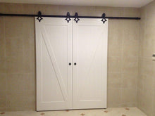 Load image into Gallery viewer, Top hd lv powder coated steel modern barn wood sliding door hardware track kit for storage room laundry room master bathroom walk in closet office shutters high mobility areas double door 15ft 4600mm black