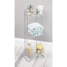 Load image into Gallery viewer, Discover mdesign rectangular metal bathroom shelf unit free standing vertical storage for organizing and storing hand towels body lotion facial tissues bath salts 3 shelves 2 pack chrome