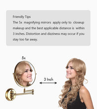 Load image into Gallery viewer, Exclusive makeup mirror wall mount 8 inch dual side with 1x 5x magnification bathroom magnifying mirror two side 360 swivel cosmetic face mirror extendable vanity mirrors luxury brass gold marmolux acc