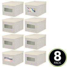 Load image into Gallery viewer, Latest mdesign soft fabric stackable closet storage organizer holder box with clear window attached hinged lid bedroom hallway entryway closet bathroom stripe print large 8 pack natural cobalt blue