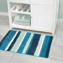 Load image into Gallery viewer, Best seller  mdesign soft microfiber polyester spa rugs for bathroom vanity tub shower water absorbent machine washable plush non slip rectangular accent rug mat striped design set of 3 sizes teal blue