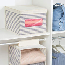 Load image into Gallery viewer, Kitchen mdesign soft fabric stackable closet storage organizer holder box with clear window attached hinged lid bedroom hallway entryway closet bathroom stripe print large 8 pack natural cobalt blue