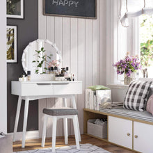 Load image into Gallery viewer, Top vasagle vanity table set with 10 light bulbs and touch switch dressing makeup table desk with large round mirror 2 sliding drawers 1 cushioned stool for bedroom bathroom white urdt11wl