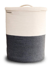 Load image into Gallery viewer, Online shopping extra large cotton rope laundry basket with lid laundry hamper with lid woven storage organizer for blankets pillows towels clothes toys baby nursery bathroom living room kitchen dark gray white