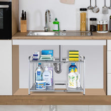 Load image into Gallery viewer, Latest bextsware metal under sink 2 tier expandable shelf organizer rack adjustable height and position 7 removable shelves expandable 18 to 25for kitchen bathroom cabinets storage chrome
