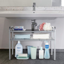 Load image into Gallery viewer, On amazon bextsware metal under sink 2 tier expandable shelf organizer rack adjustable height and position 7 removable shelves expandable 18 to 25for kitchen bathroom cabinets storage chrome