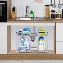 Load image into Gallery viewer, Online shopping bextsware metal under sink 2 tier expandable shelf organizer rack adjustable height and position 7 removable shelves expandable 18 to 25for kitchen bathroom cabinets storage chrome
