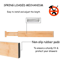 Load image into Gallery viewer, Latest skatco bamboo drawer dividers spring adjustable kitchen drawer organizers set of 4 bamboo drawer organizer drawer divider for the kitchen bedroom dresser office bathroom natural