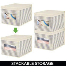 Load image into Gallery viewer, Home mdesign soft fabric stackable closet storage organizer holder box with clear window attached hinged lid bedroom hallway entryway closet bathroom stripe print large 8 pack natural cobalt blue