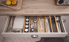 Load image into Gallery viewer, Organize with rapturous bamboo drawer dividers pack of 5 expandable drawer organizers with anti scratch foam edges adjustable drawer organization separators for kitchen bedroom baby drawer bathroom desk