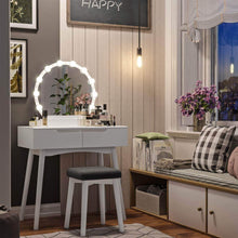 Load image into Gallery viewer, Top rated vasagle vanity table set with 10 light bulbs and touch switch dressing makeup table desk with large round mirror 2 sliding drawers 1 cushioned stool for bedroom bathroom white urdt11wl
