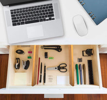 Load image into Gallery viewer, On amazon luckyshe bamboo drawer dividers adjustable spring kitchen drawer dividers expandable eco friendly drawer organizers and dividers for kitchen dresser bathroom desk bedroom pack of 4