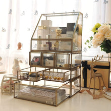 Load image into Gallery viewer, Shop hersoo large cosmetics makeup organizer transparent bathroom accessories storage glass display with slanted front open lid cosmetic stackable holder for makeup brushes perfumes skincare