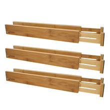 Load image into Gallery viewer, Storage bamboo adjustable drawer divider organizers spring loaded stackable perfect for kitchen utensils silverware knife drawer dividers desk bathroom and dresser drawer organization 6 pack