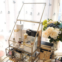 Load image into Gallery viewer, Shop for hersoo large cosmetics makeup organizer transparent bathroom accessories storage glass display with slanted front open lid cosmetic stackable holder for makeup brushes perfumes skincare