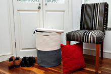 Load image into Gallery viewer, Organize with extra large cotton rope laundry basket with lid laundry hamper with lid woven storage organizer for blankets pillows towels clothes toys baby nursery bathroom living room kitchen dark gray white