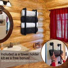 Load image into Gallery viewer, Shop here industrial pipe shelves with towel rack diy floating wood shelves and metal bracket pipes rustic mounted wall shelf for bathroom kitchen living room bedroom decorative farmhouse shelving units