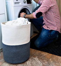 Load image into Gallery viewer, Products extra large cotton rope laundry basket with lid laundry hamper with lid woven storage organizer for blankets pillows towels clothes toys baby nursery bathroom living room kitchen dark gray white