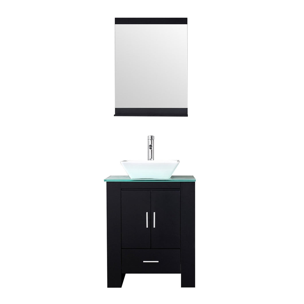 Top rated walcut 24 inch bathroom vanity and sink combo modern black mdf cabinet ceramic vessel sink with faucet and pop up drain mirror tempered glass counter top
