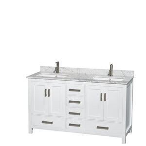 Heavy duty wyndham collection sheffield 60 inch double bathroom vanity in white white carrera marble countertop undermount square sinks and 24 inch mirrors