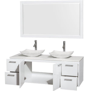 Selection wyndham collection amare 60 inch double bathroom vanity in glossy white white man made stone countertop arista white carrera marble sinks and 58 inch mirror
