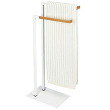 Load image into Gallery viewer, Get mdesign tall modern metal and bamboo wood towel rack holder 2 tier organizer for bathroom storage and organization next to tub or shower holds bath hand towels washcloths white natural