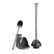 Load image into Gallery viewer, Discover mdesign modern slim compact freestanding plastic toilet bowl brush cleaner and plunger combo set kit with holder caddy for bathroom storage and organization covered lid brush 2 pack charcoal gray
