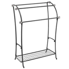 Load image into Gallery viewer, Budget friendly mdesign large freestanding towel rack holder with storage shelf 3 tier metal organizer for bath hand towels washcloths bathroom accessories black brushed steel