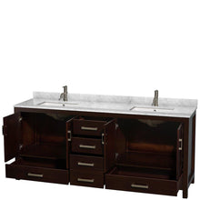 Load image into Gallery viewer, On amazon wyndham collection sheffield 80 inch double bathroom vanity in espresso white carrera marble countertop undermount square sinks and no mirror