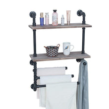 Load image into Gallery viewer, Top rated industrial towel rack with 3 towel bar 24in rustic bathroom shelves wall mounted 2 tiered farmhouse black pipe shelving wood shelf metal floating shelves towel holder iron distressed shelf over toilet