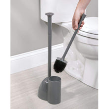 Load image into Gallery viewer, Discover the best mdesign modern slim compact freestanding plastic toilet bowl brush cleaner and plunger combo set kit with holder caddy for bathroom storage and organization covered lid brush 2 pack charcoal gray