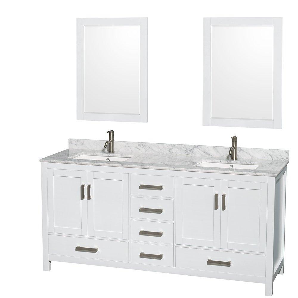 Kitchen wyndham collection sheffield 72 inch double bathroom vanity in white white carrera marble countertop undermount square sinks and 24 inch mirrors