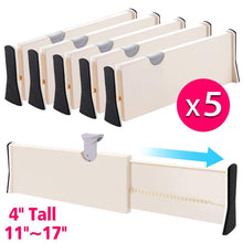 Load image into Gallery viewer, Buy now drawer dividers organizer 5 pack adjustable separators 4 high expandable from 11 17 for bedroom bathroom closet clothing office kitchen storage strong secure hold foam ends locks in place