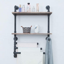 Load image into Gallery viewer, Best seller  industrial towel rack with 3 towel bar 24in rustic bathroom shelves wall mounted 2 tiered farmhouse black pipe shelving wood shelf metal floating shelves towel holder iron distressed shelf over toilet
