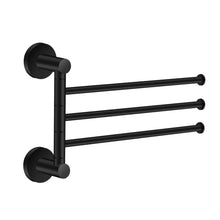 Load image into Gallery viewer, Exclusive towel rack bathroom swivel towel bar 3 multi fold able arms rotation organizer swing towel shelf space saving hanger kitchen hand towel holder wall mount stainless rubber matte black marmolux