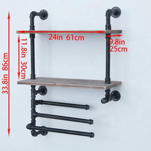 Load image into Gallery viewer, Best industrial towel rack with 3 towel bar 24in rustic bathroom shelves wall mounted 2 tiered farmhouse black pipe shelving wood shelf metal floating shelves towel holder iron distressed shelf over toilet