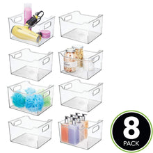 Load image into Gallery viewer, Home mdesign plastic bathroom vanity storage bin box with handles deep organizer for hand soap body wash shampoo lotion conditioner hand towel hair brush mouthwash 10 long 8 pack clear