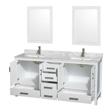 Load image into Gallery viewer, Organize with wyndham collection sheffield 72 inch double bathroom vanity in white white carrera marble countertop undermount square sinks and 24 inch mirrors