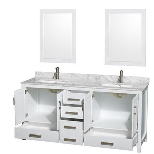 Organize with wyndham collection sheffield 72 inch double bathroom vanity in white white carrera marble countertop undermount square sinks and 24 inch mirrors