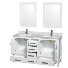 Load image into Gallery viewer, Home wyndham collection sheffield 60 inch double bathroom vanity in white white carrera marble countertop undermount square sinks and 24 inch mirrors