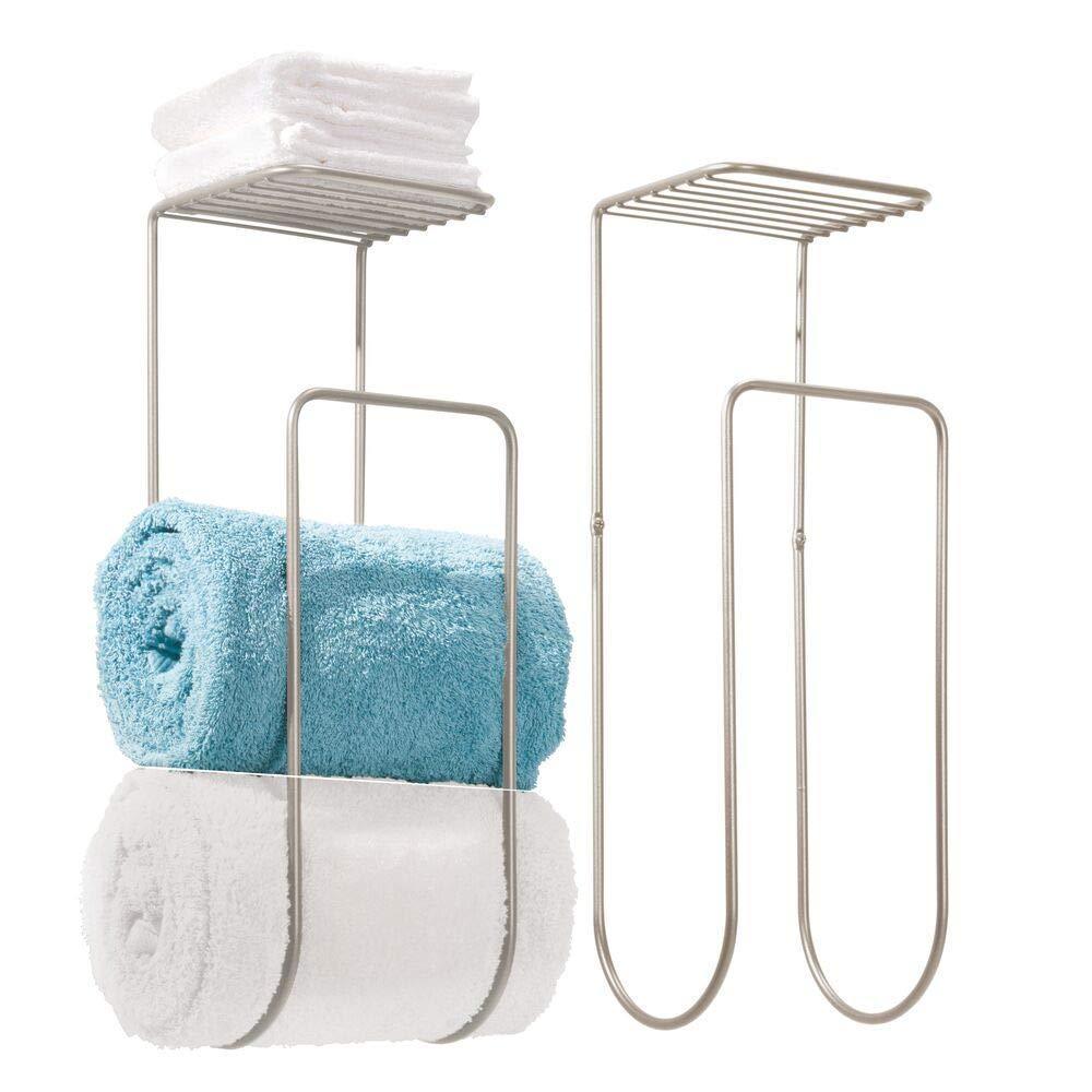 Try mdesign modern metal wall mount towel rack holder and organizer with storage shelf for bathroom organizing of washcloths hand face or bath towels beach towels 2 pack satin