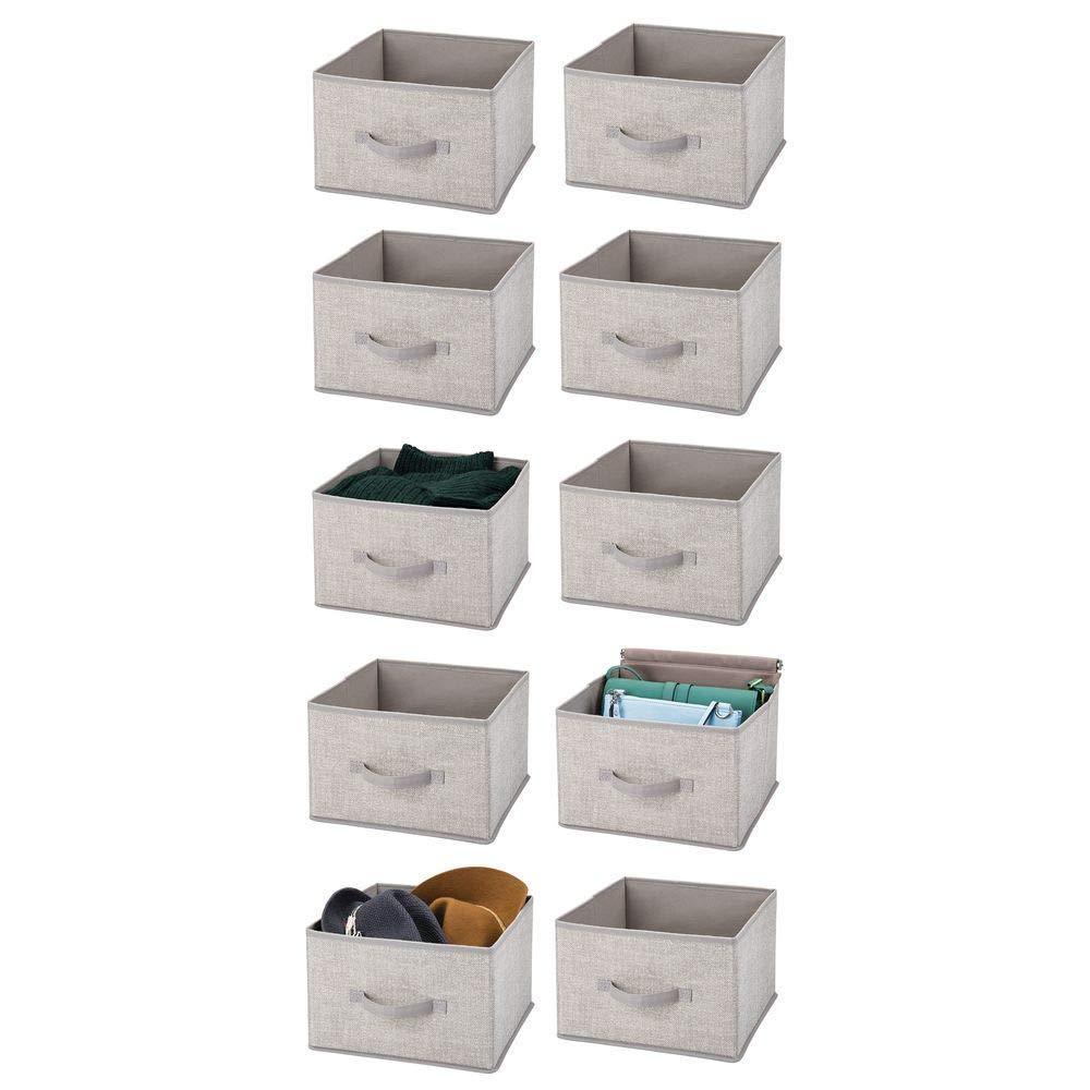 Exclusive mdesign soft fabric closet storage organizer holder cube bin box open top front handle for closet bedroom bathroom entryway office textured print 10 pack linen tan